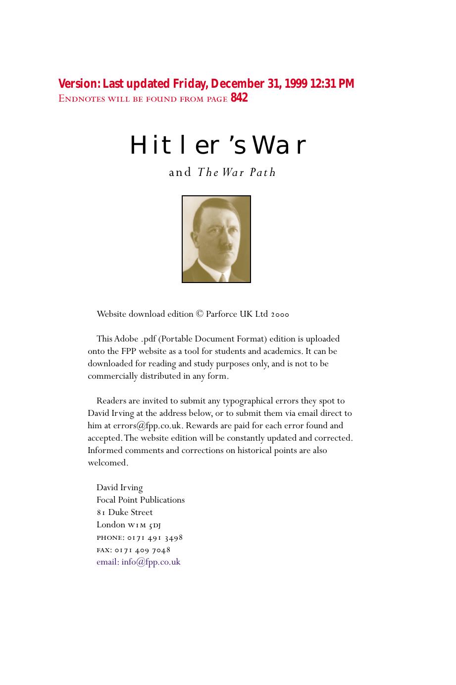 History - David Irving - Hitler's War & The War Path - 2 Complete Books Combined by eBook