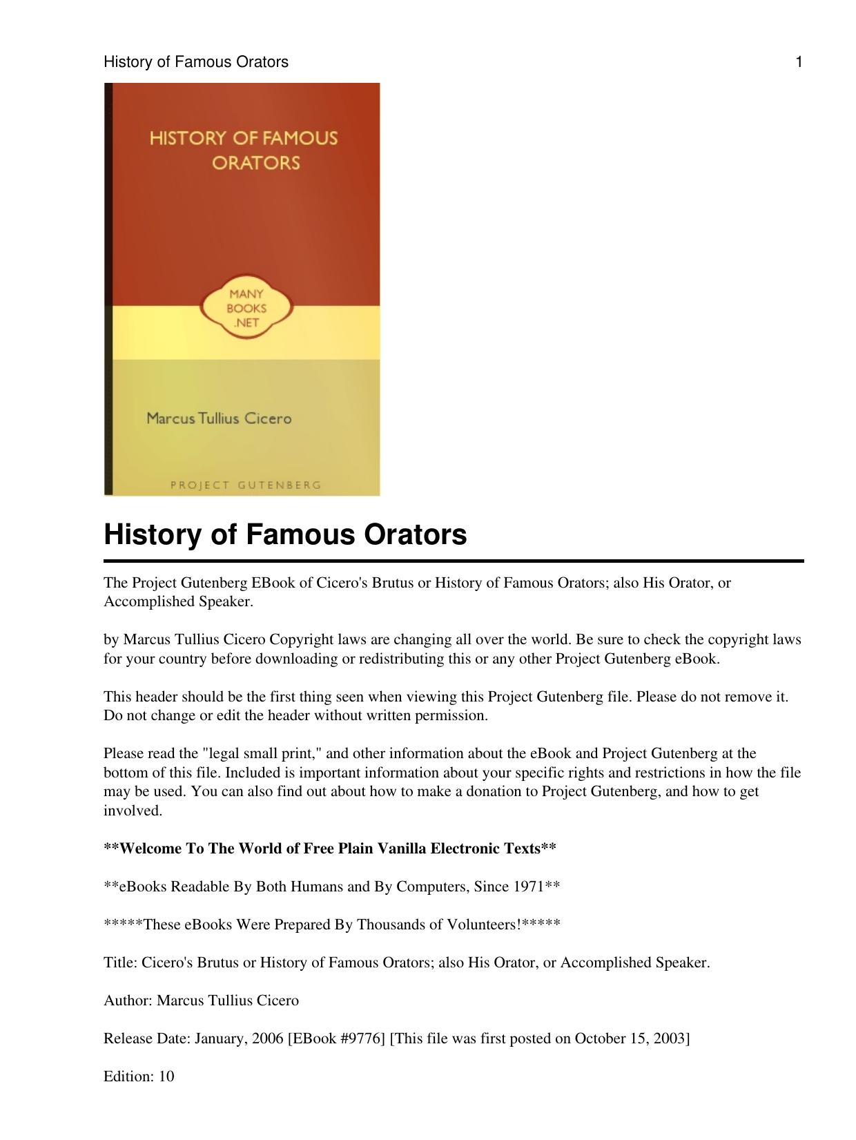 History Of Famous Orators by Cicero Marcus Tullius