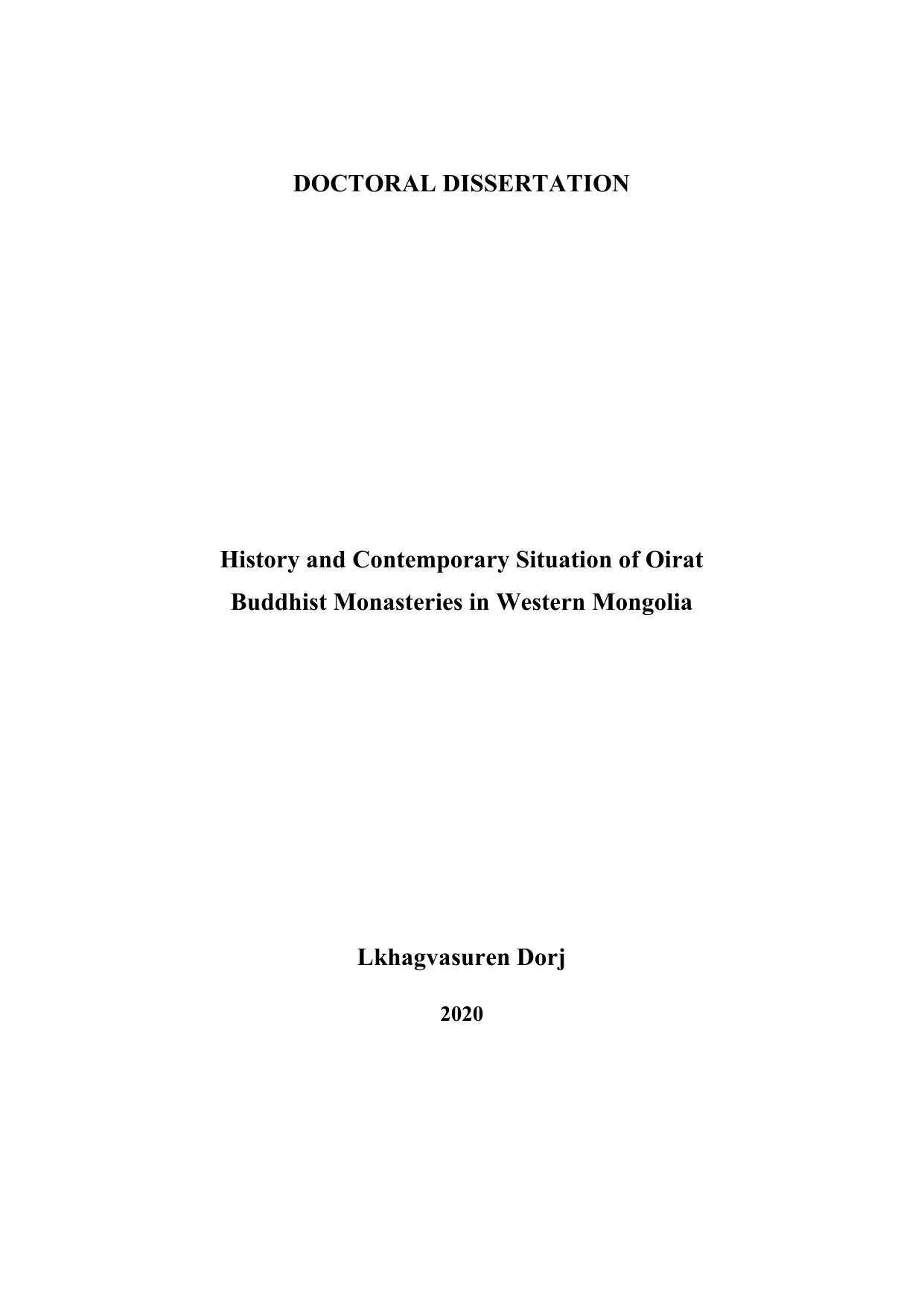 History and Contemporary Situation of Oirat Buddhist Monasteries in Western Mongolia (Doctoral dissertation) by Lkhagvasuren Dorj