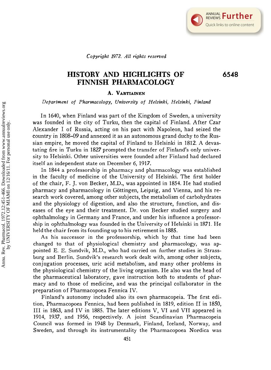 History and Highlights of Finnish Pharmacology by A Vartiainen