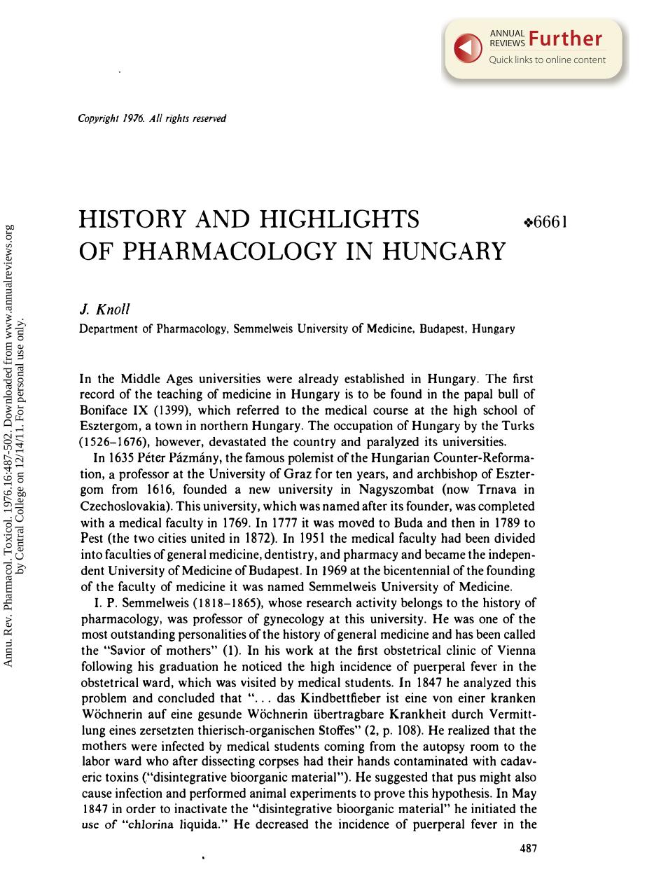 History and Highlights of Pharmacology in Hungary by J Knoll