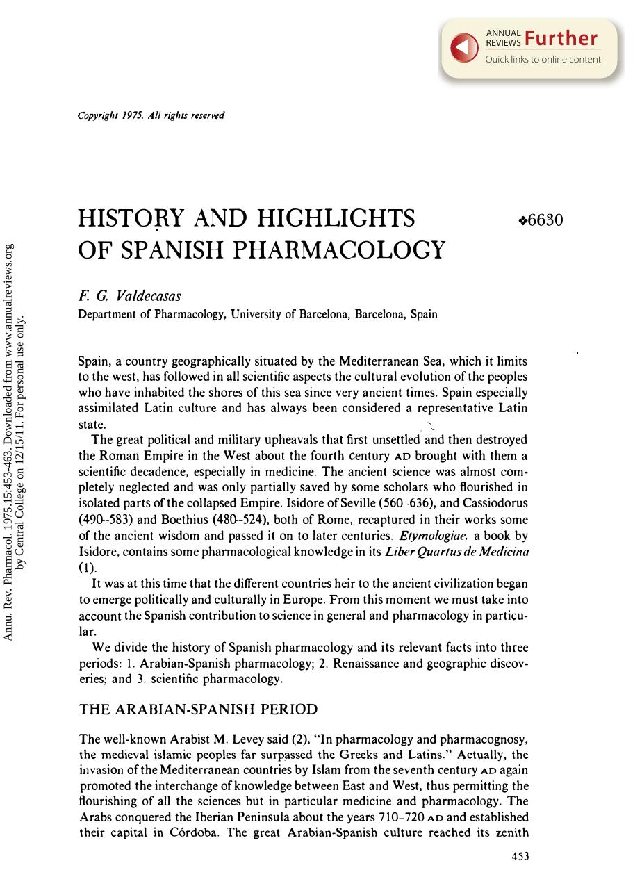 History and Highlights of Spanish Pharmacology by F G Valdecasas