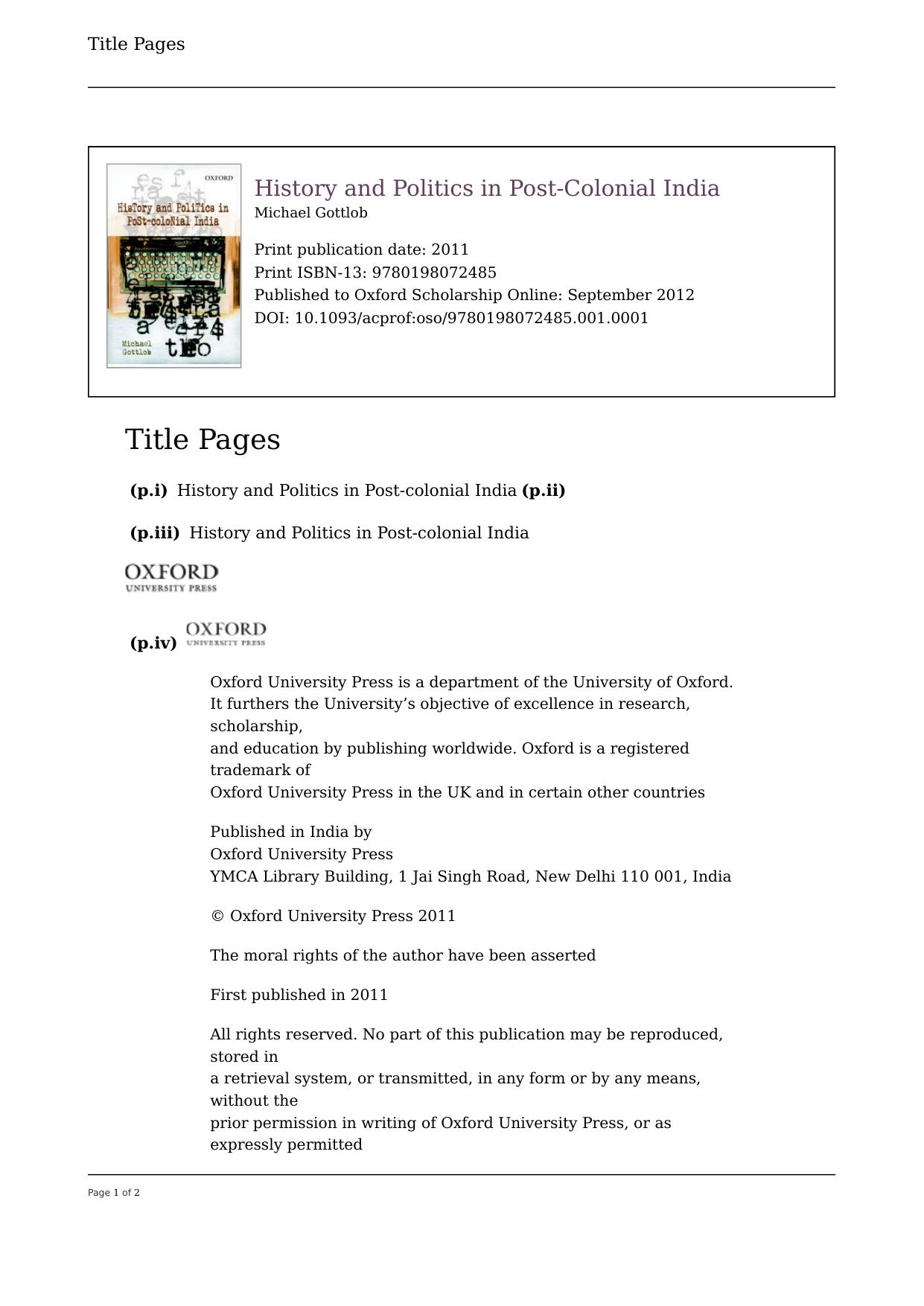 History and Politics in Post-Colonial India by Michael Gottlob