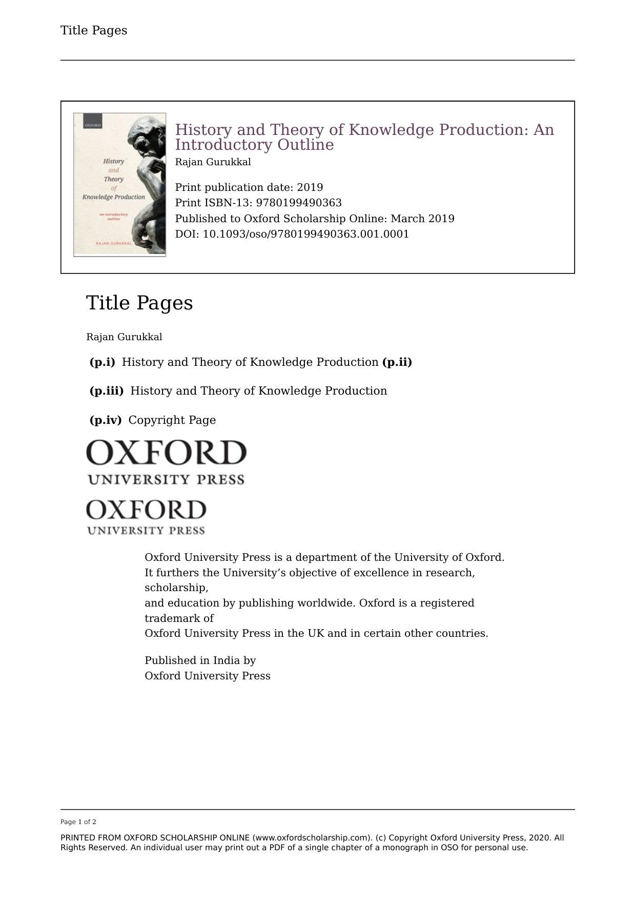 History and Theory of Knowledge Production: An Introductory Outline by Rajan Gurukkal