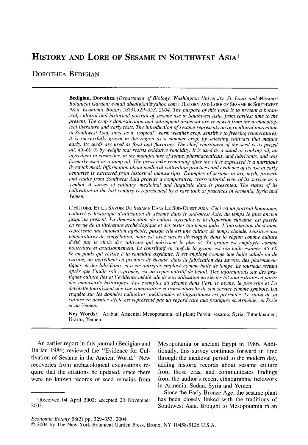 History and lore of sesame in Southwest Asia by Unknown