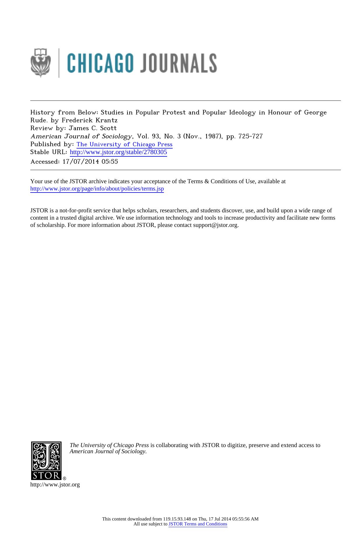 History from Below: Studies in Popular Protest and Popular Ideology in Honour of George Rude. by Frederick Krantz by unknow