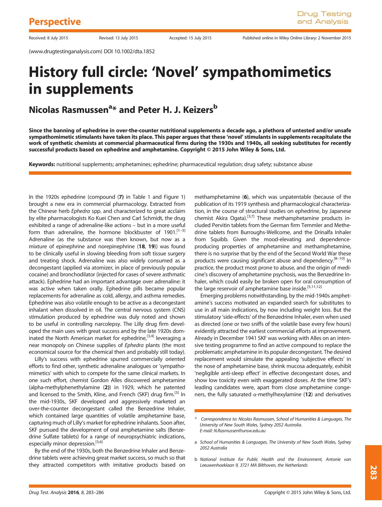 History full circle: Novel sympathomimetics in supplements by Nicolas Rasmussen and Peter H. J. Keizers