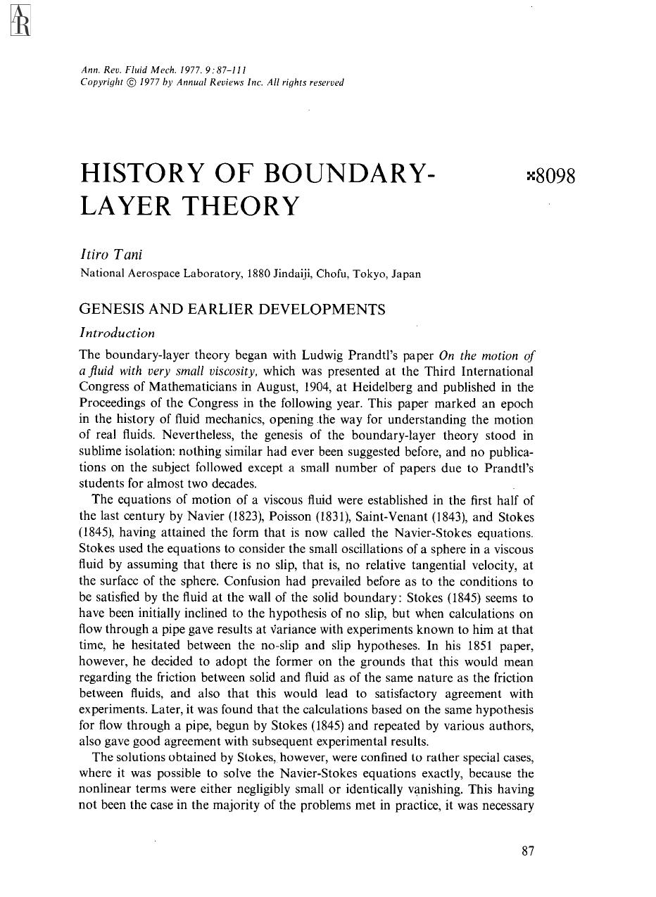 History of Boundary Layer Theory by I Tani