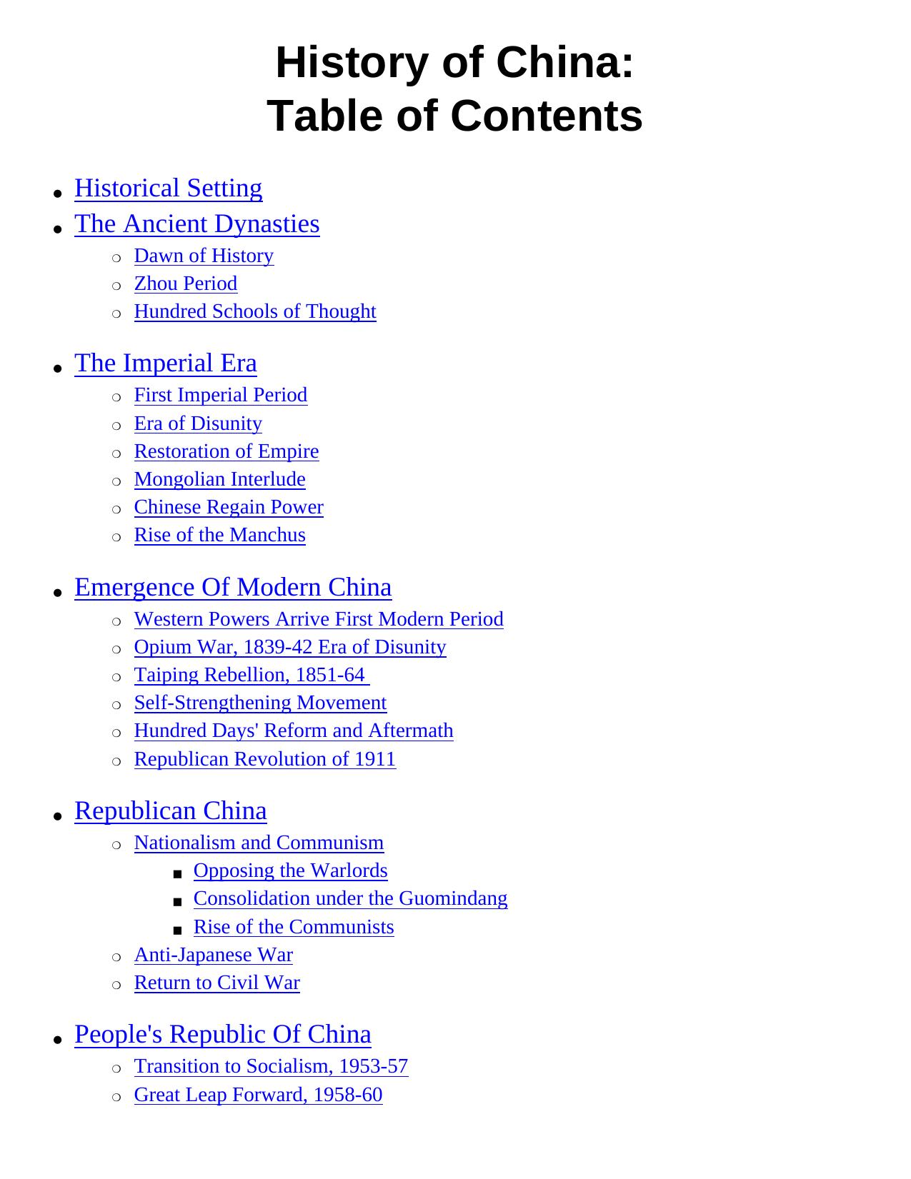 History of China: Table of Contents by Unknown