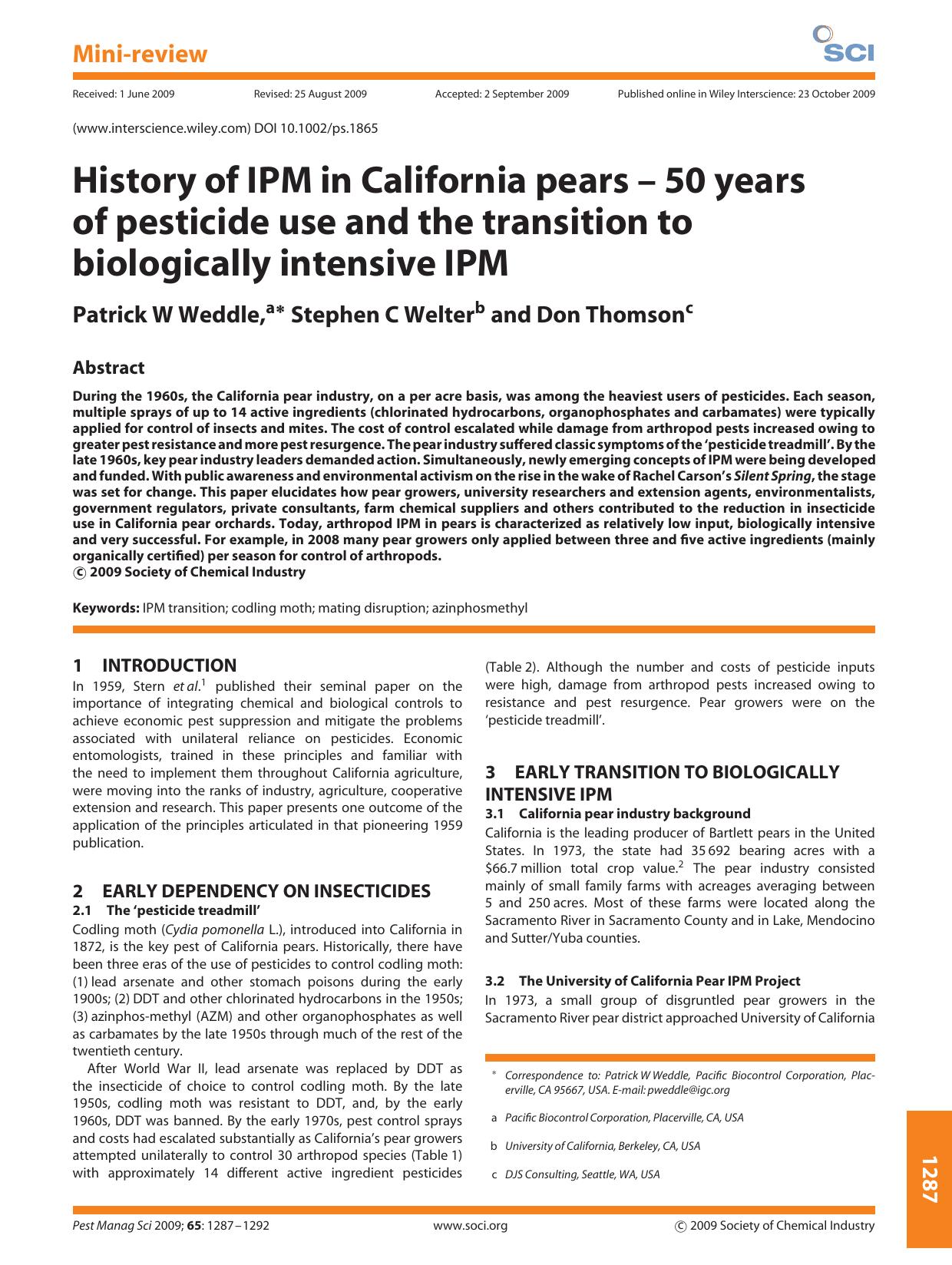 History of IPM in California pears-50 years of pesticide use and the transition to biologically intensive IPM by Unknown