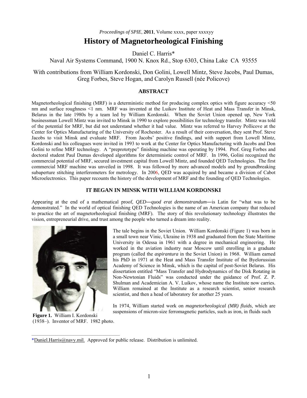 History of Magnetorheological Finishing by Harris D.C