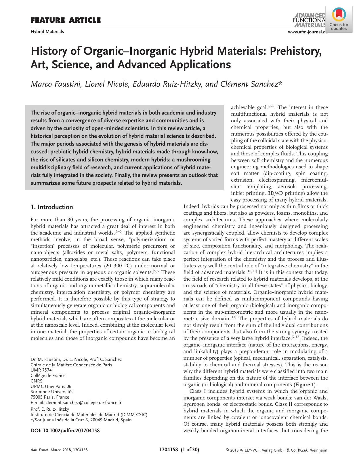 History of OrganicâInorganic Hybrid Materials: Prehistory, Art, Science, and Advanced Applications by Unknown