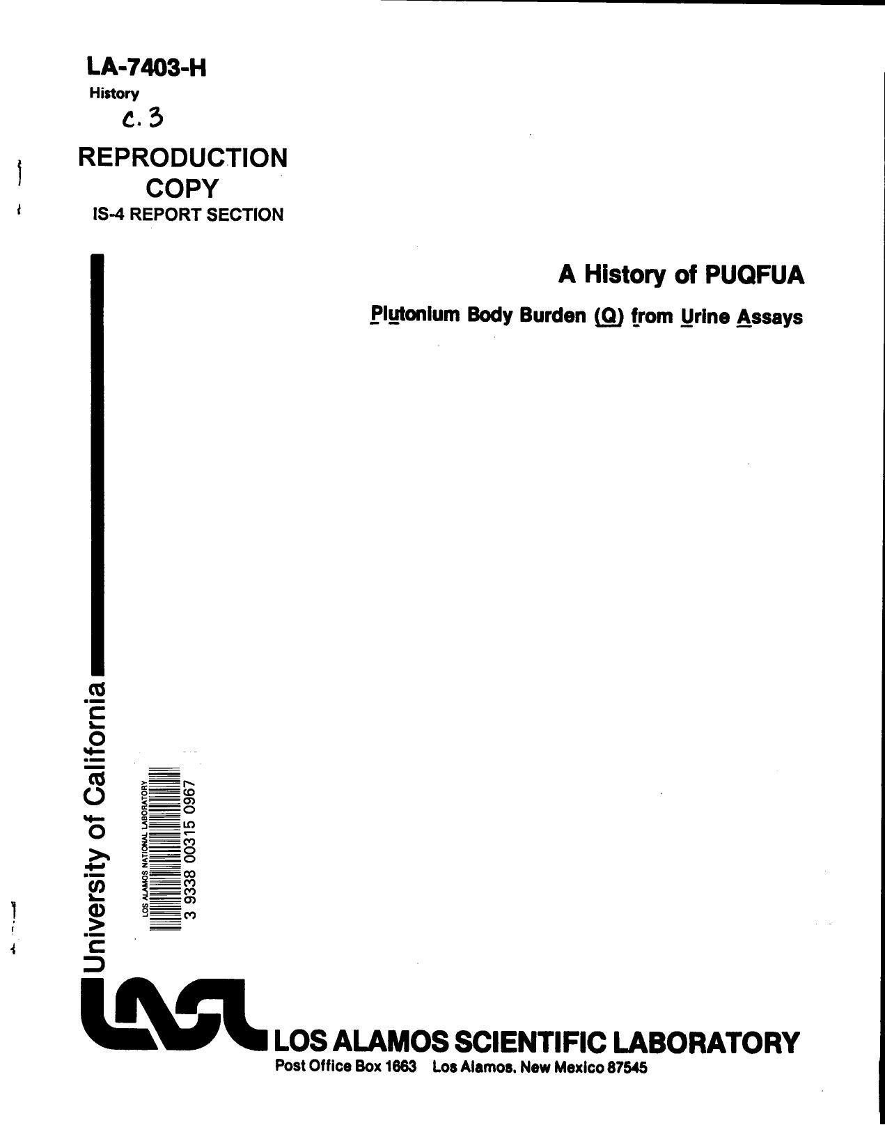 History of PUQFUA : plutonium body burden (Q) from urine assays None by LANL Research Library LWW Project