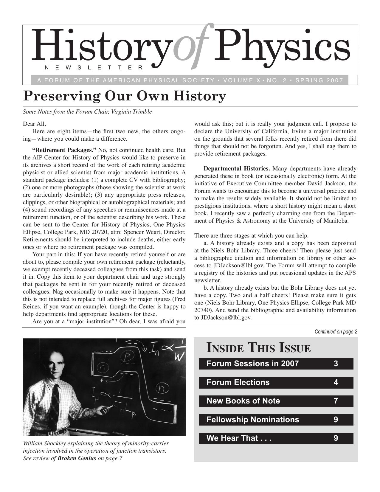 History of Physics Newsletter (Vol 10-2 Spring 2007)(2007)(10) by Unknown