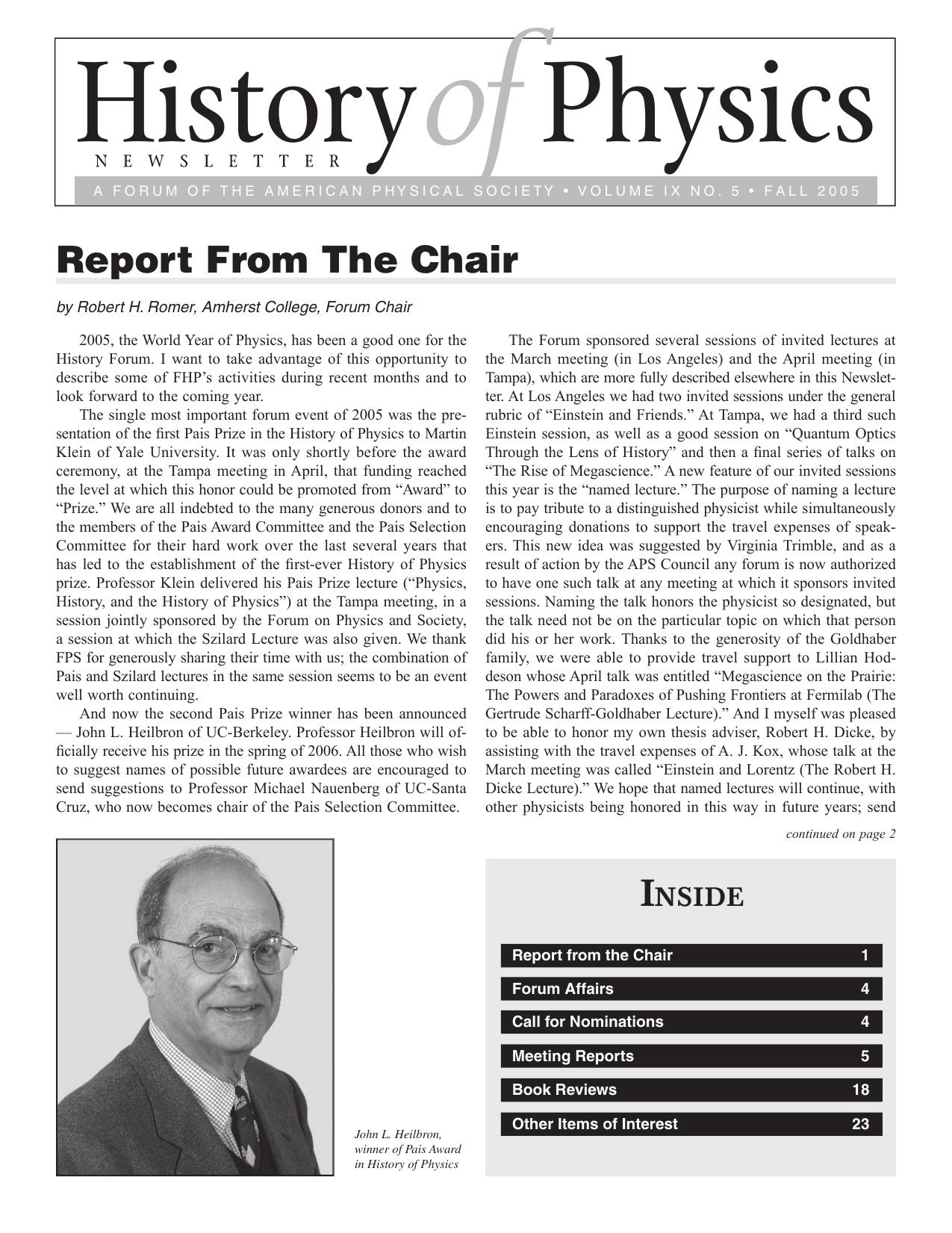 History of Physics Newsletter Vol IX-05 2005 Fall by A Forum of American Physical Society