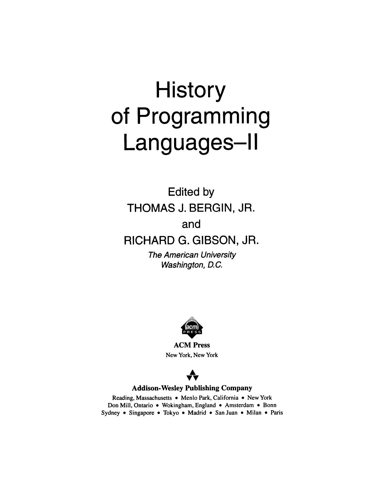 History of Programming Languages, Volume 2 by Thomas J. Bergin Richard G. Gibson