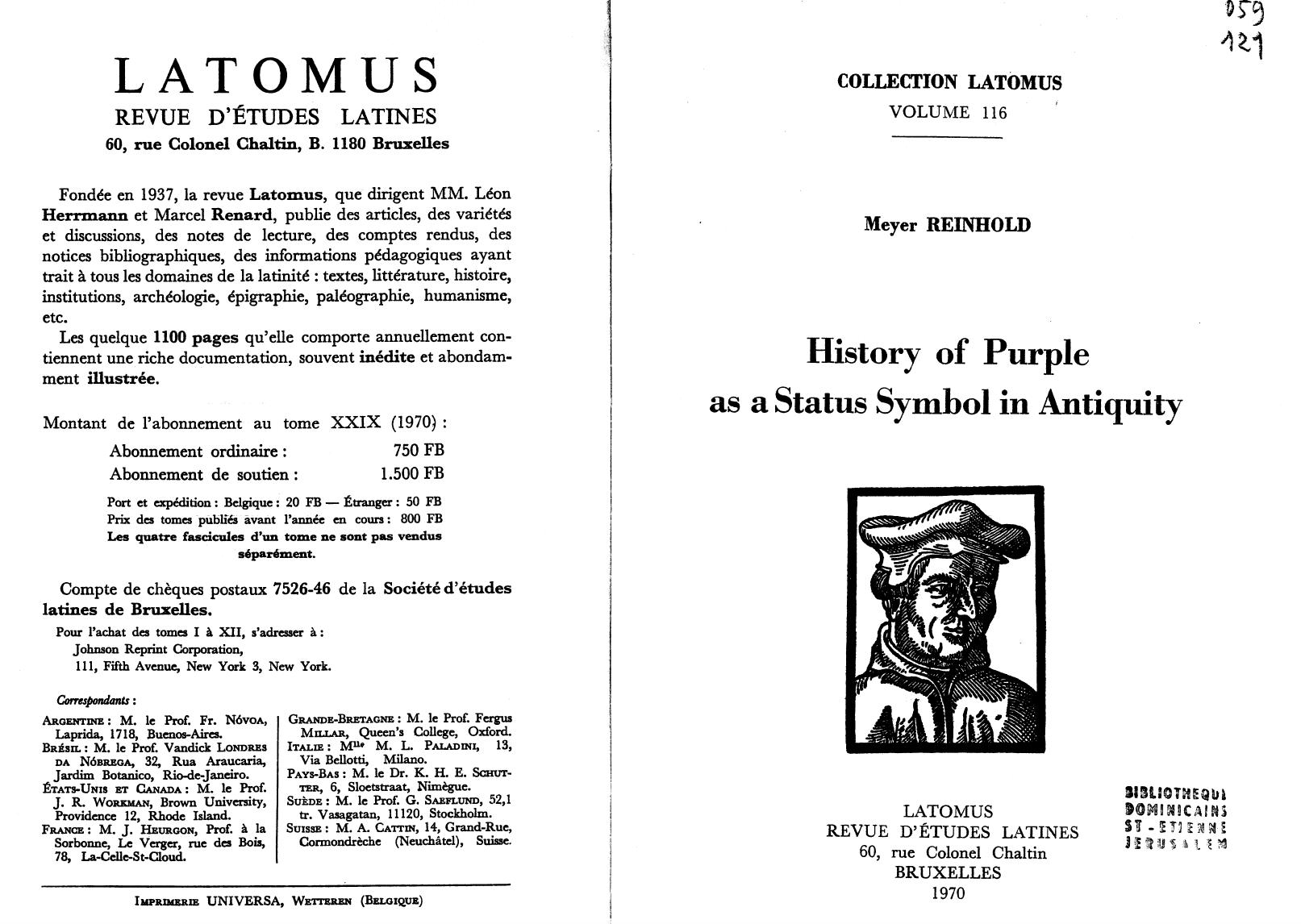 History of Purple as a Status Symbol in Antiquity by Reinhold Meyer