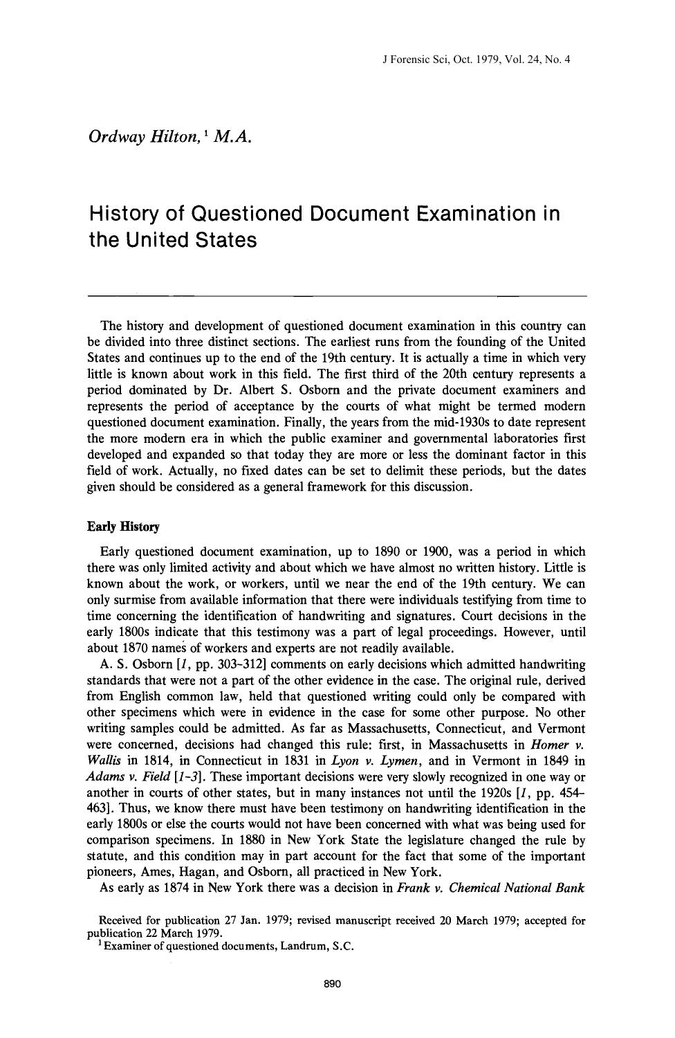 History of Questioned Document Examination in the United States by Hilton O