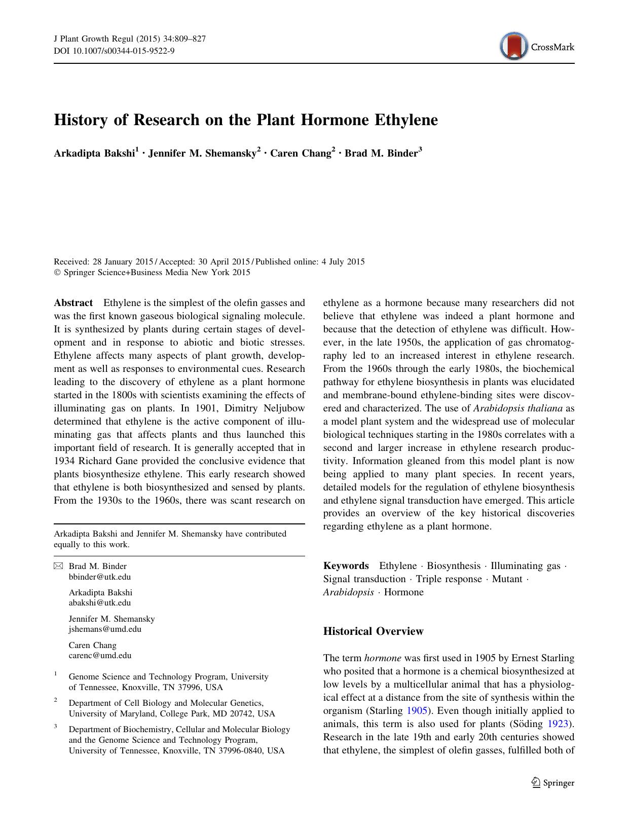 History of Research on the Plant Hormone Ethylene by Arkadipta Bakshi & Jennifer M. Shemansky & Caren Chang & Brad M. Binder