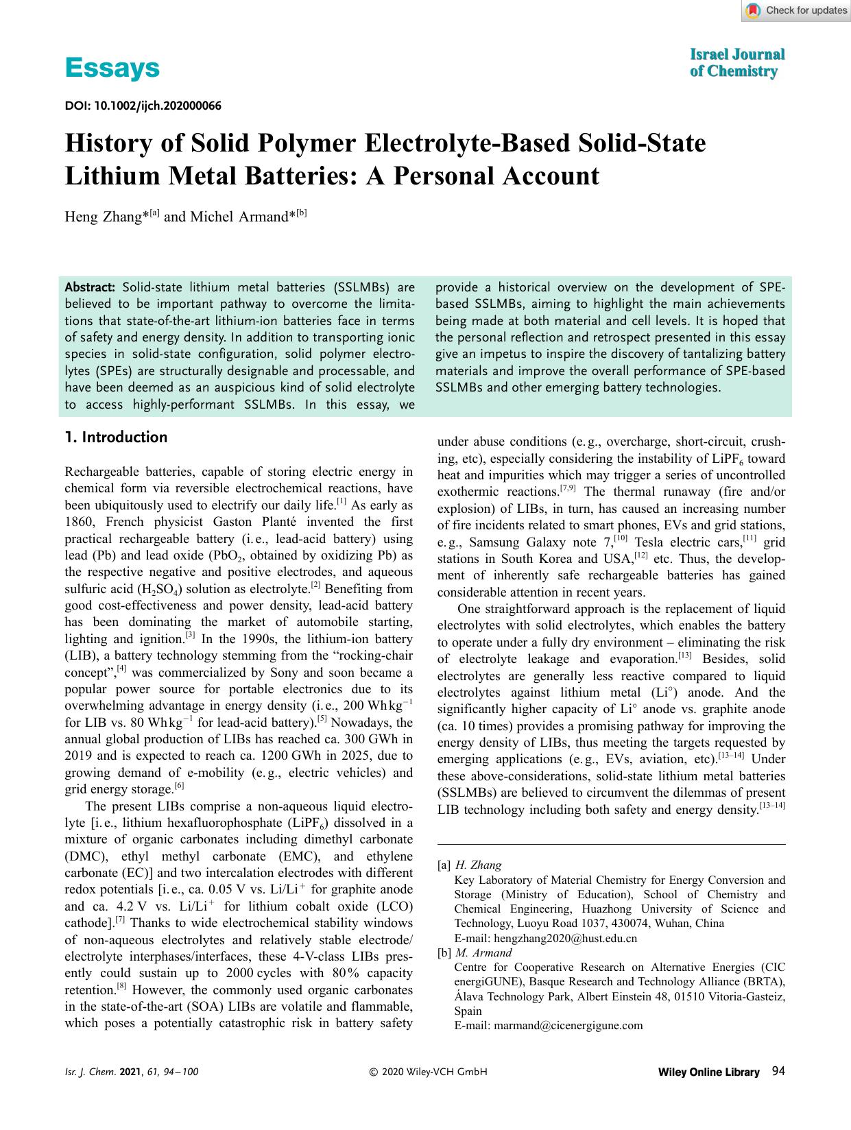 History of Solid Polymer ElectrolyteâBased SolidâState Lithium Metal Batteries: A Personal Account by Unknown