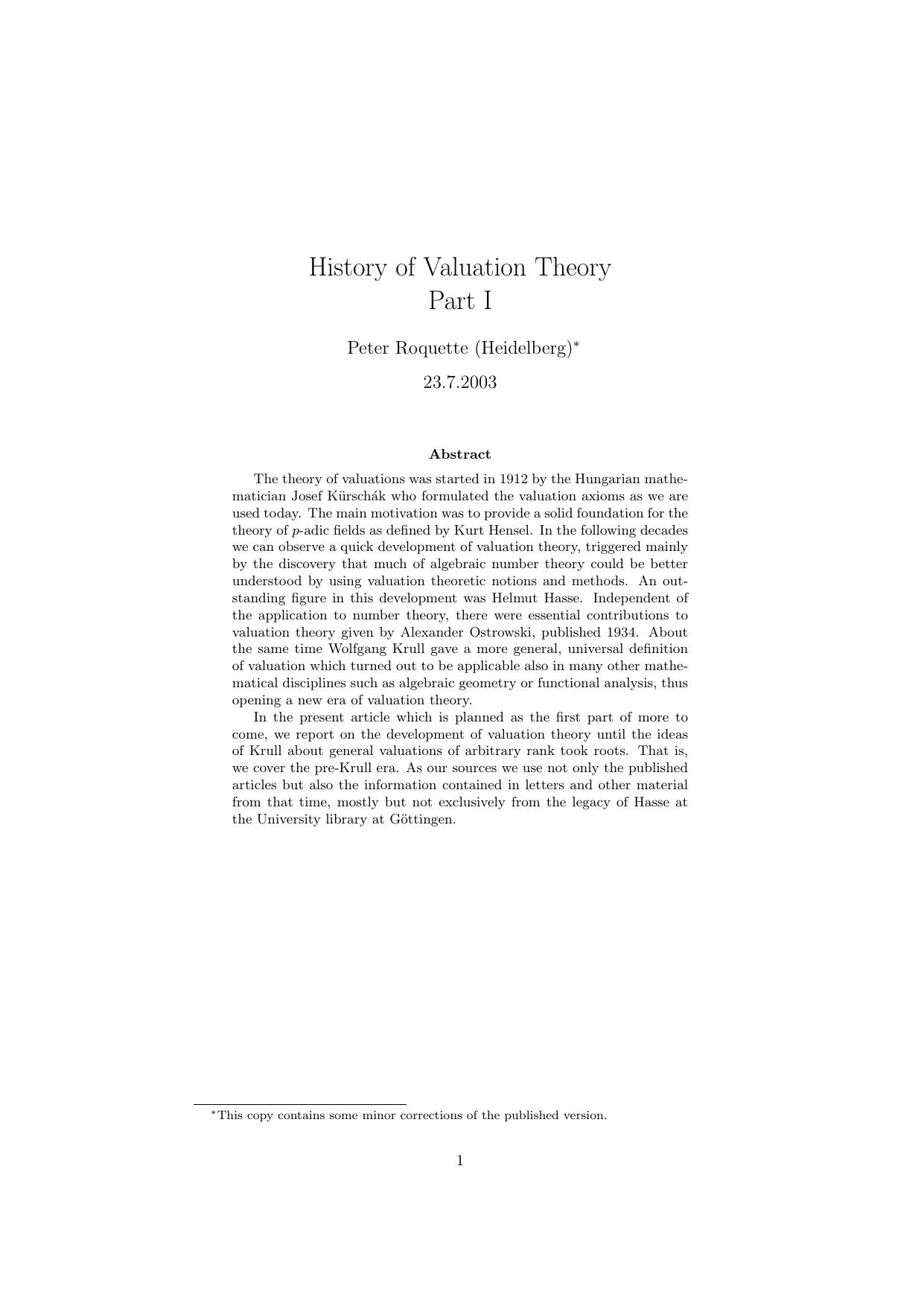 History of Valuation Theory by Peter Roquette (Heidelberg)