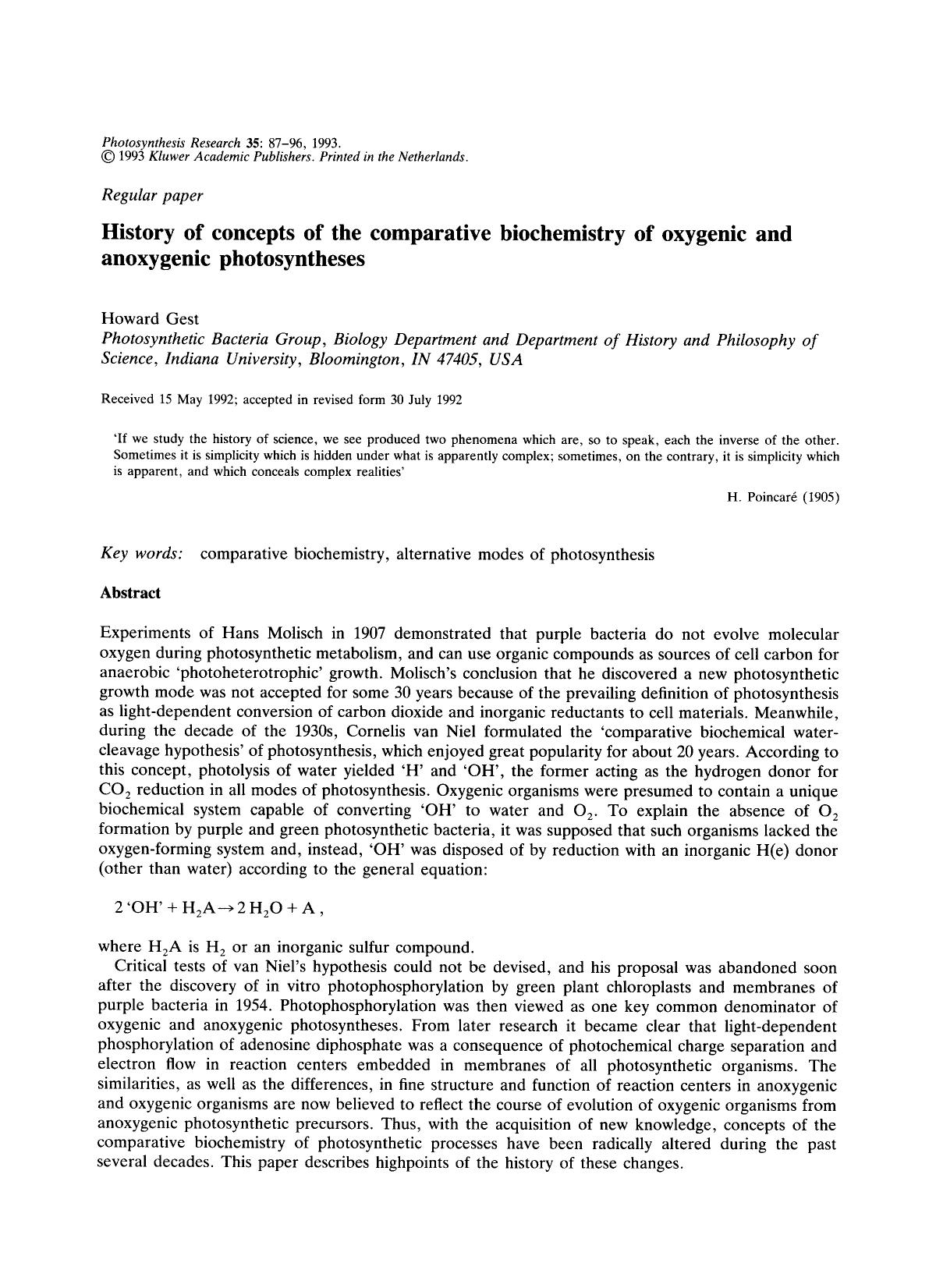 History of concepts of the comparative biochemistry of oxygenic and anoxygenic photosyntheses by Unknown