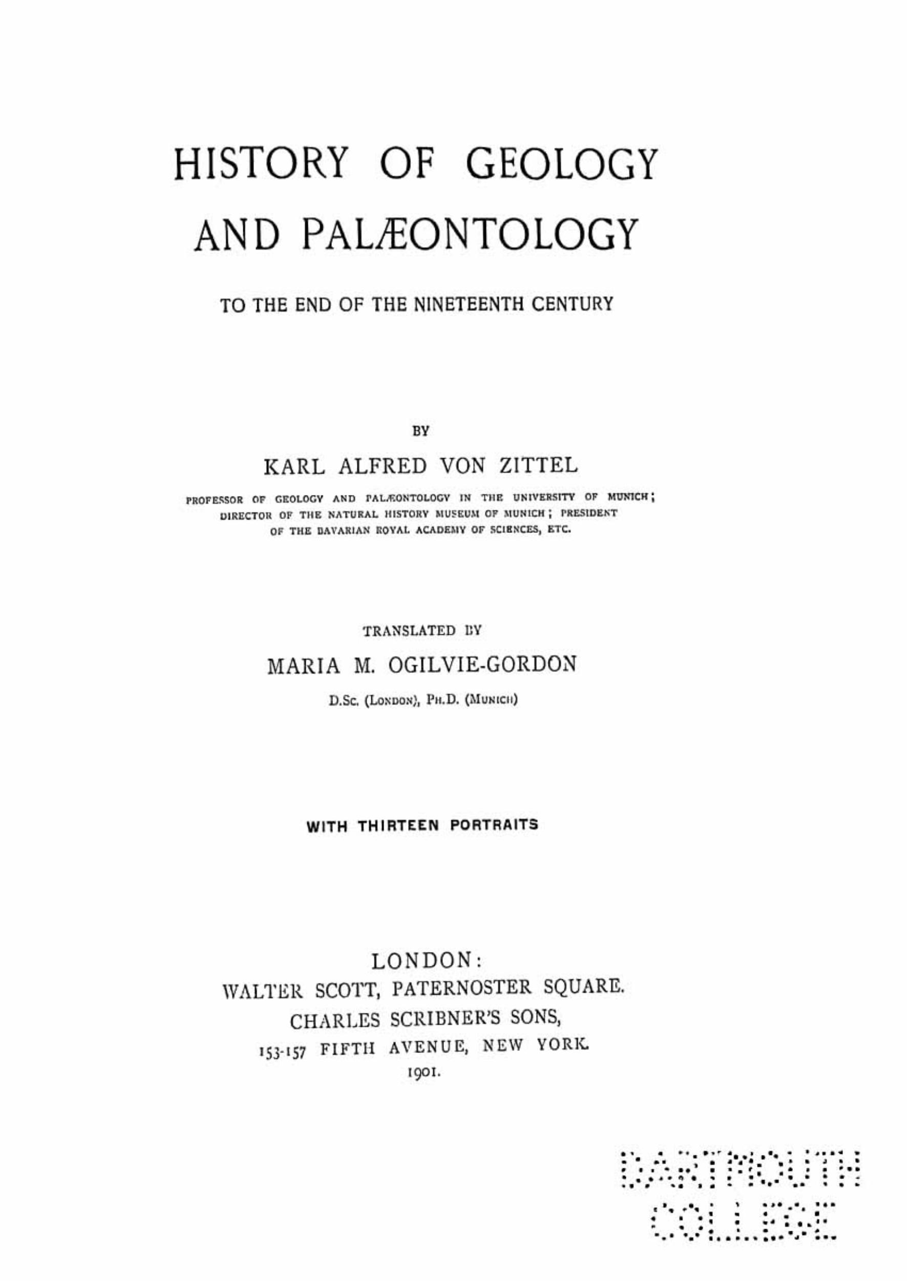 History of geology and paleontology by Zittel K A