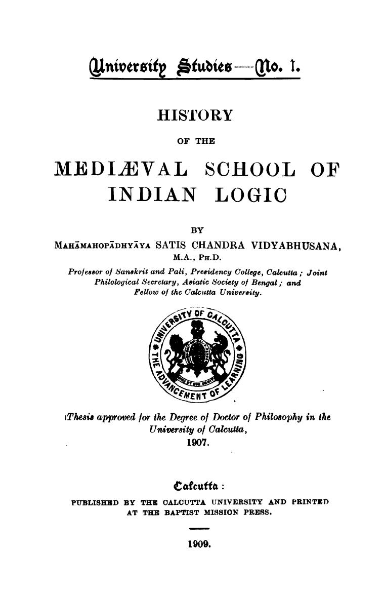 History of the MediÃ¦val School of Indian Logic by Satis Chandra Vidyabhusana