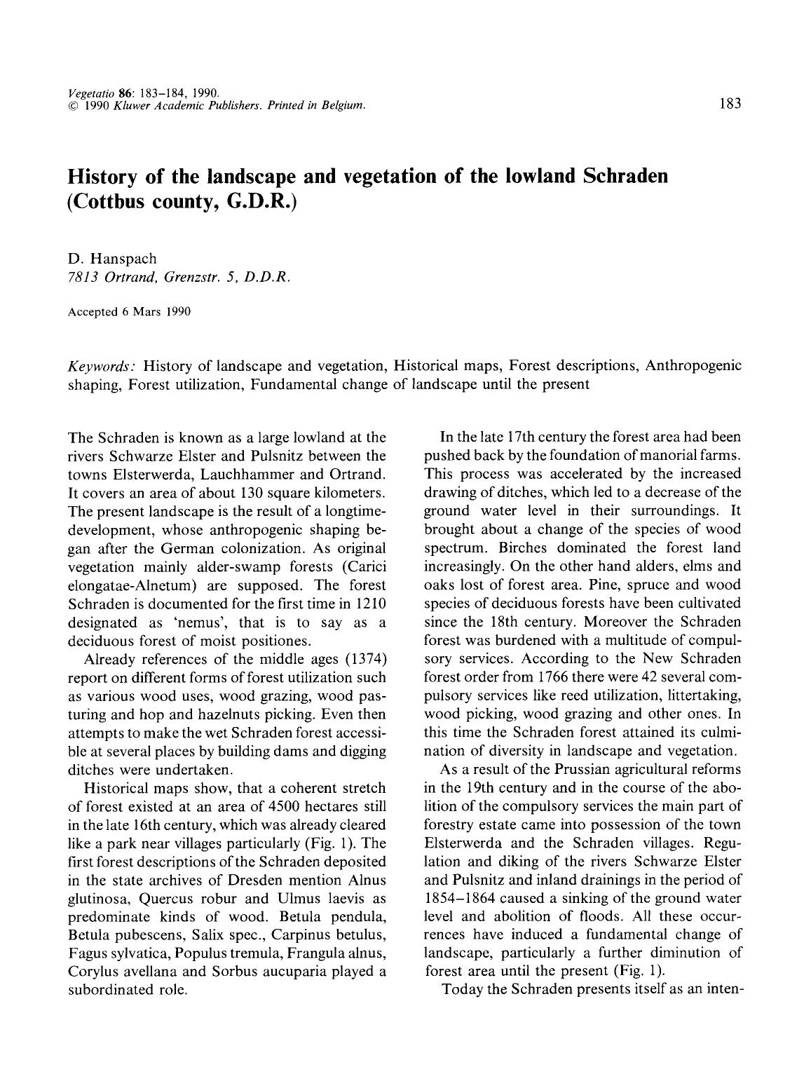 History of the landscape and vegetation of the lowland Schraden (Cottbus county, G.D.R.) by Unknown