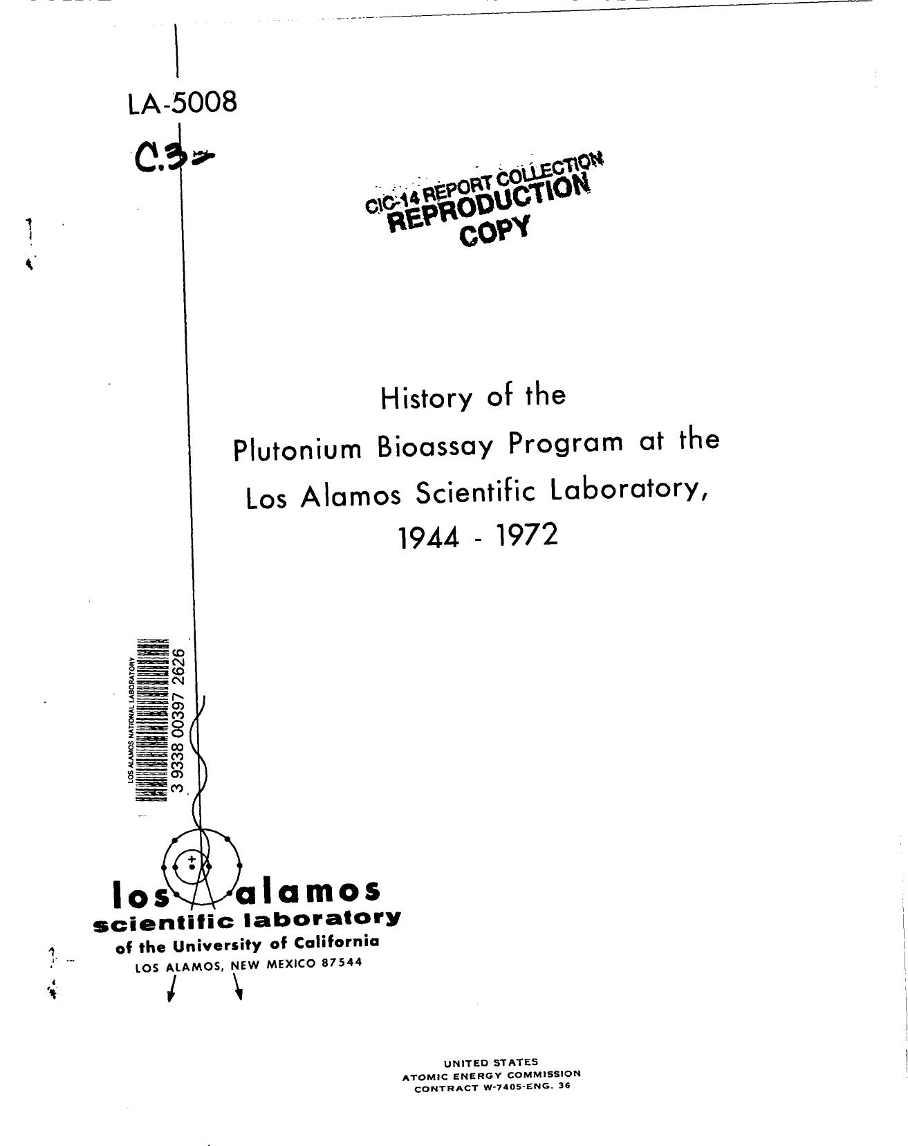 History of the plutonium bioassay program at the Los Alamos Scientific Laboratory, 1944-1972 None by LANL Research Library LWW Project