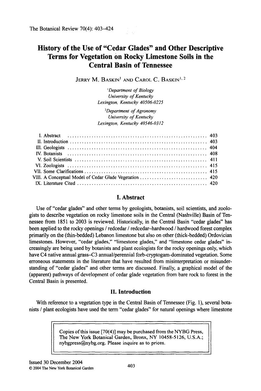 History of the use of “cedar glades” and other descriptive terms for vegetation on rocky limestone soils in the Central Basin of Tennessee by Unknown