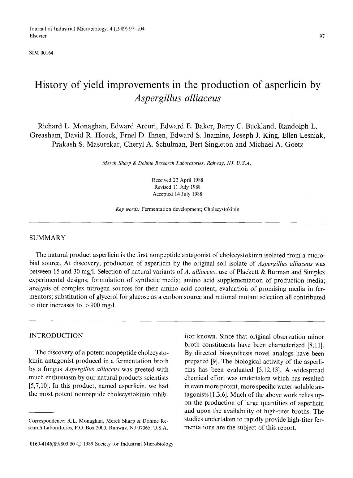 History of yield improvements in the production of asperlicin by <Emphasis Type="Italic">Aspergillus alliaceus <Emphasis> by Unknown