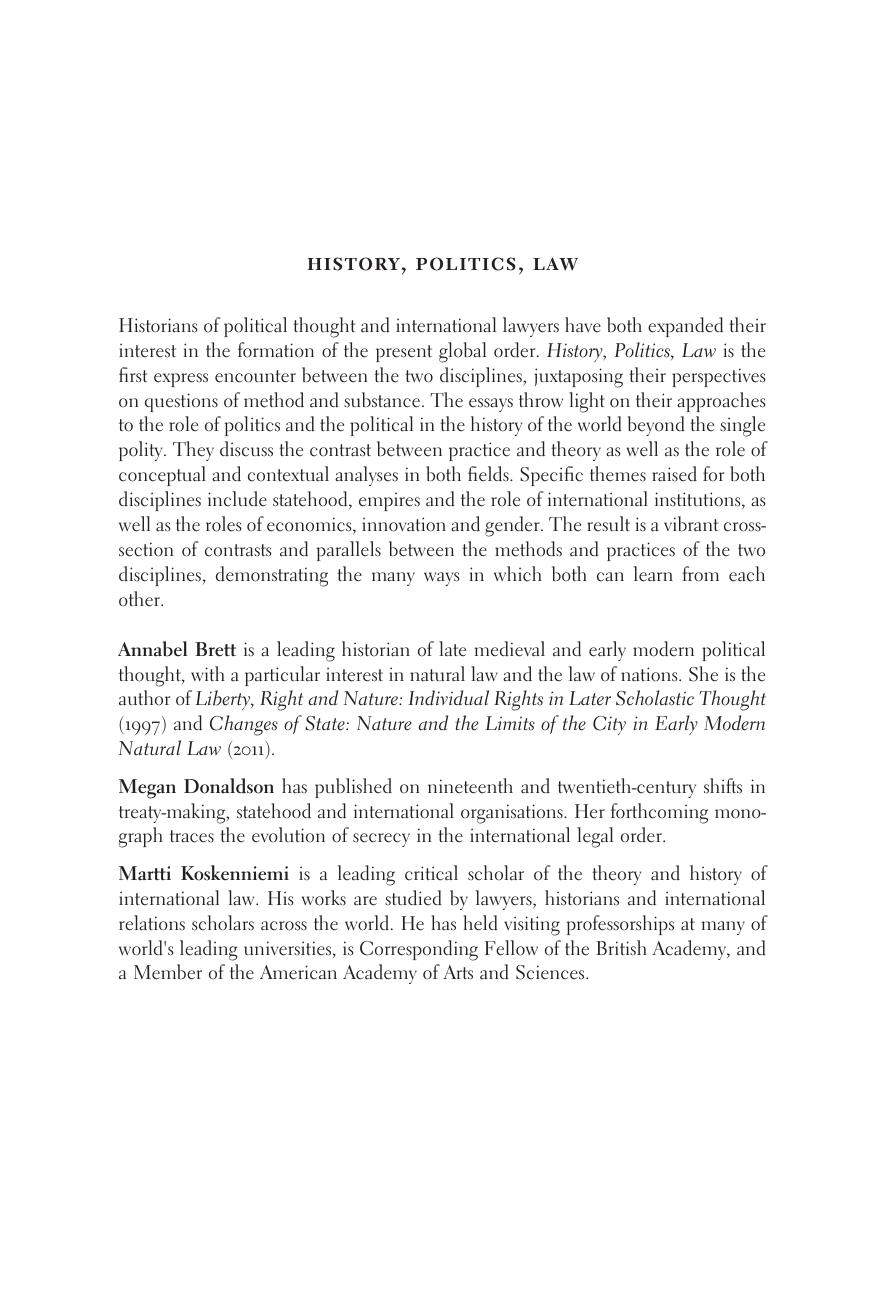 History, Politics, Law: Thinking through the International by Annabel Brett (editor) Megan Donaldson (editor) Martti Koskenniemi (editor)