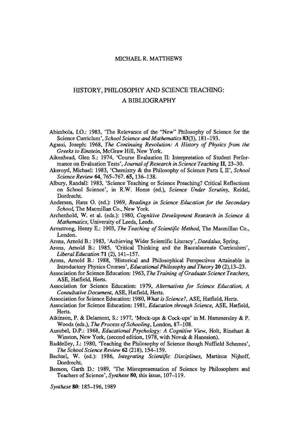History, philosophy and science teaching: A bibliography by Unknown
