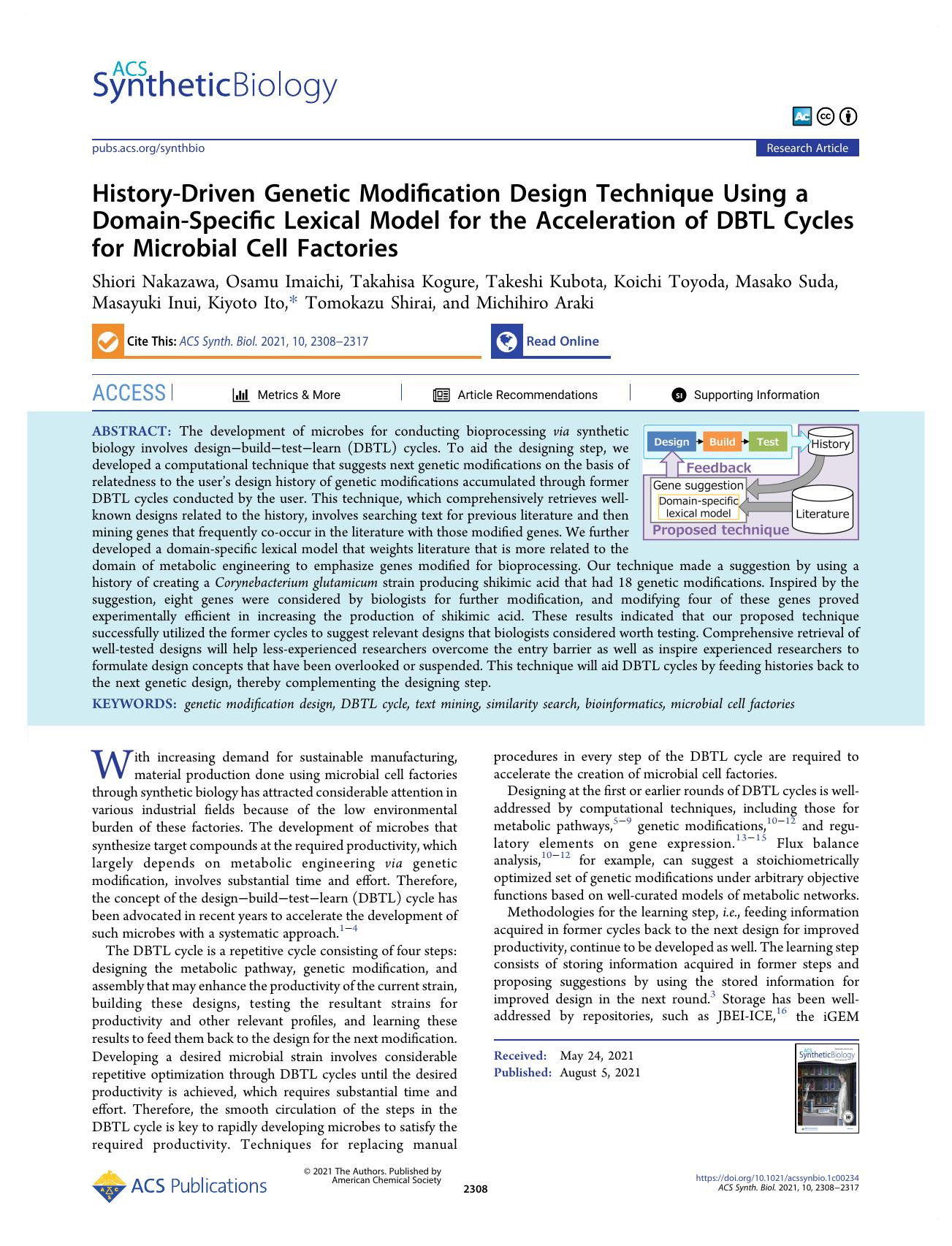 History-Driven Genetic Modification Design Technique Using a Domain-Specific Lexical Model for the Acceleration of DBTL Cycles for Microbial Cell Factories by unknow