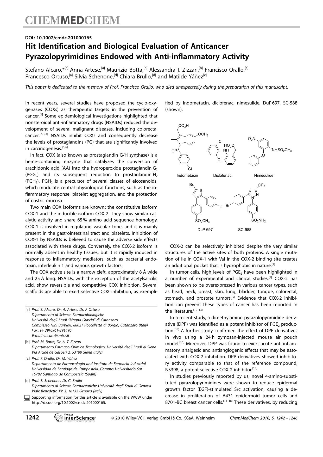 Hit Identification and Biological Evaluation of Anticancer Pyrazolopyrimidines Endowed with Antiinflammatory Activity by Unknown