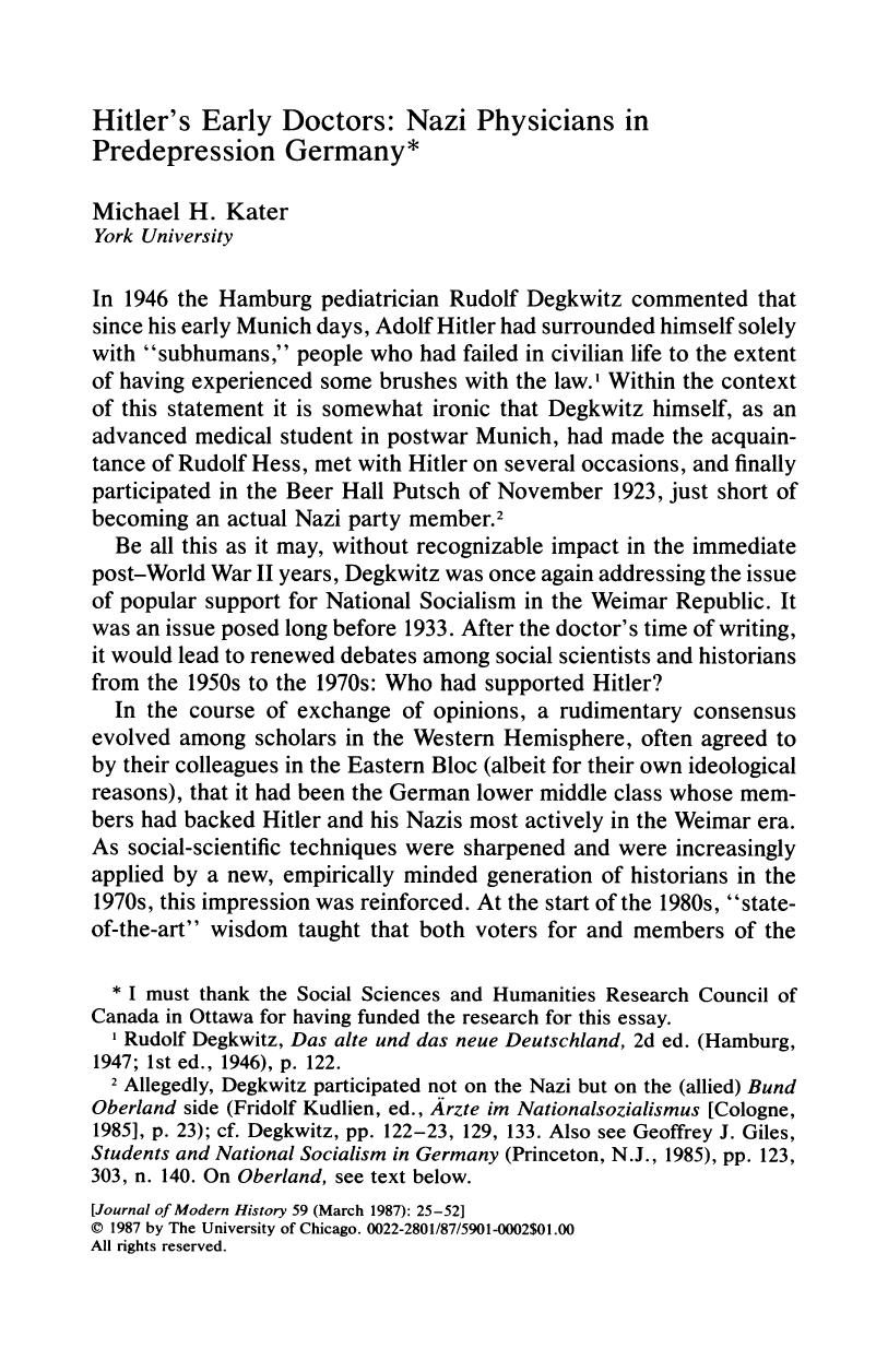 Hitler's Early Doctors; Nazi Physicians in Predepression Germany by Unknown