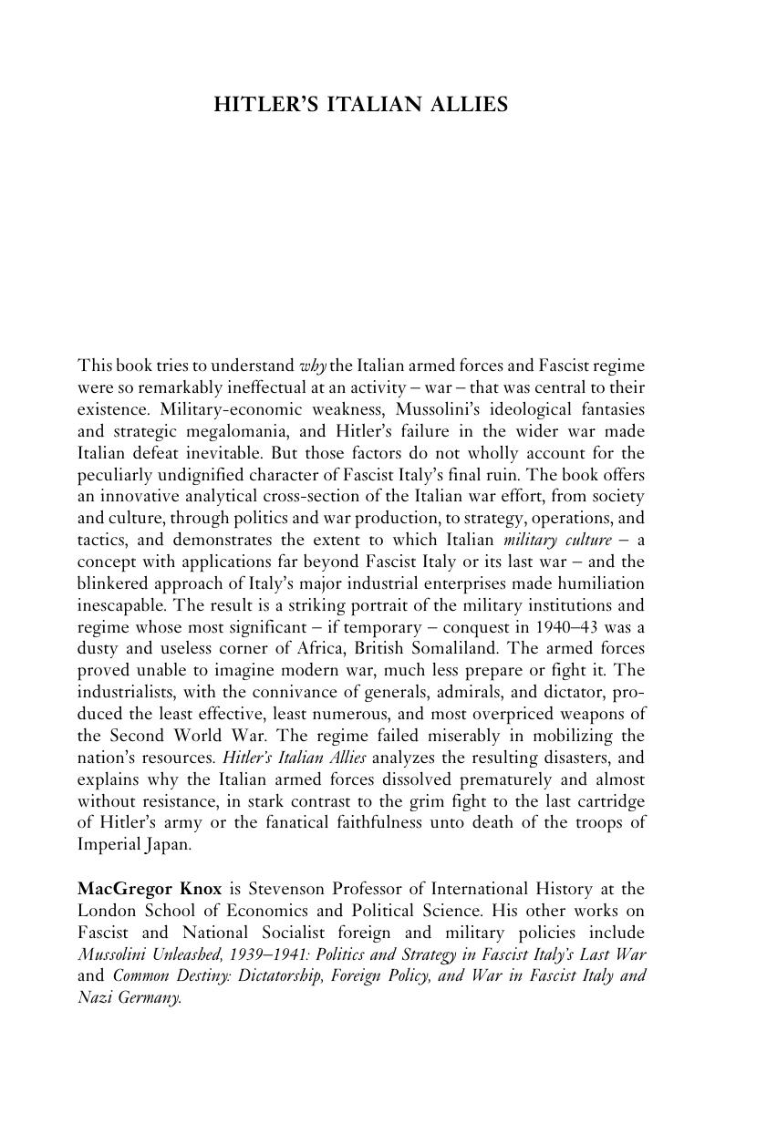 Hitler's Italian allies: Royal Armed Forces, Fascist regime, and the war of 1940-43 by Knox MacGregor