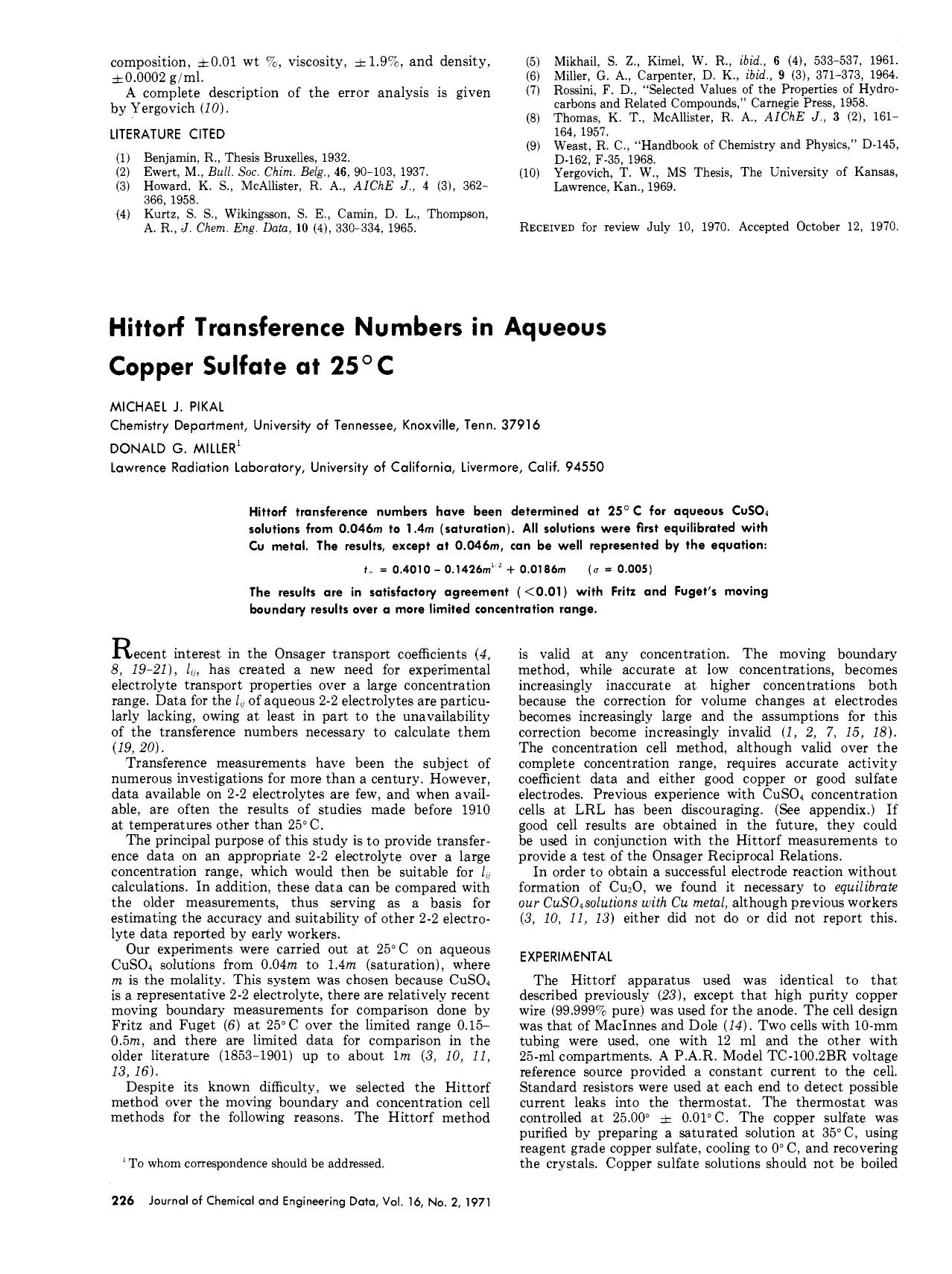 Hittorf transference numbers in aqueous copper sulfate at 25.deg. by Donald Gabriel. Miller Michael J. Pikal