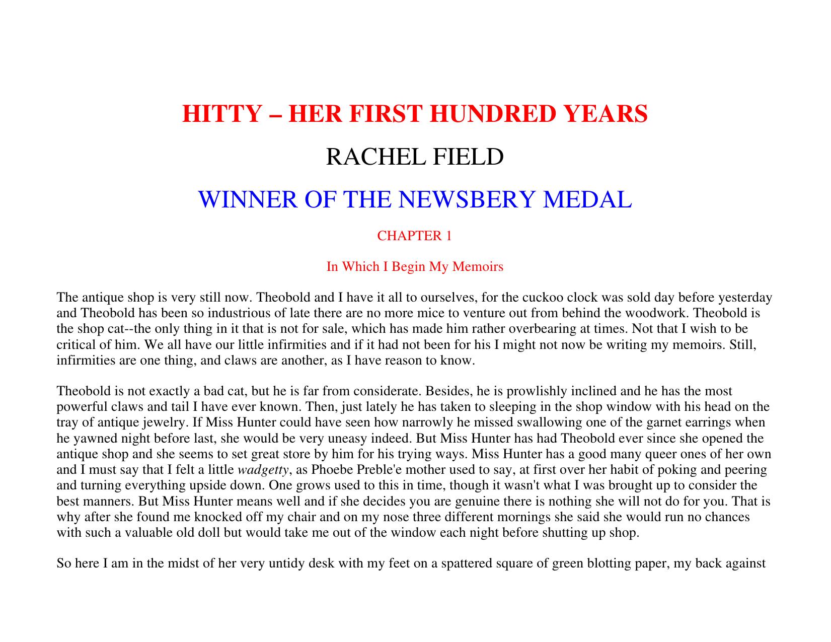Hitty, Her First Hundred Years by Field Rachel