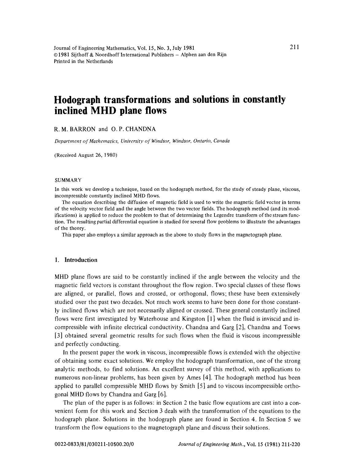 Hodograph transformations and solutions in constantly inclined MHD plane flows by Unknown