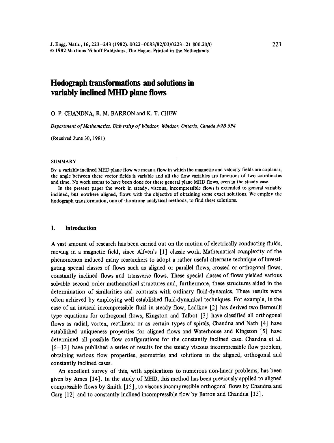 Hodograph transformations and solutions in variably inclined MHD plane flows by Unknown