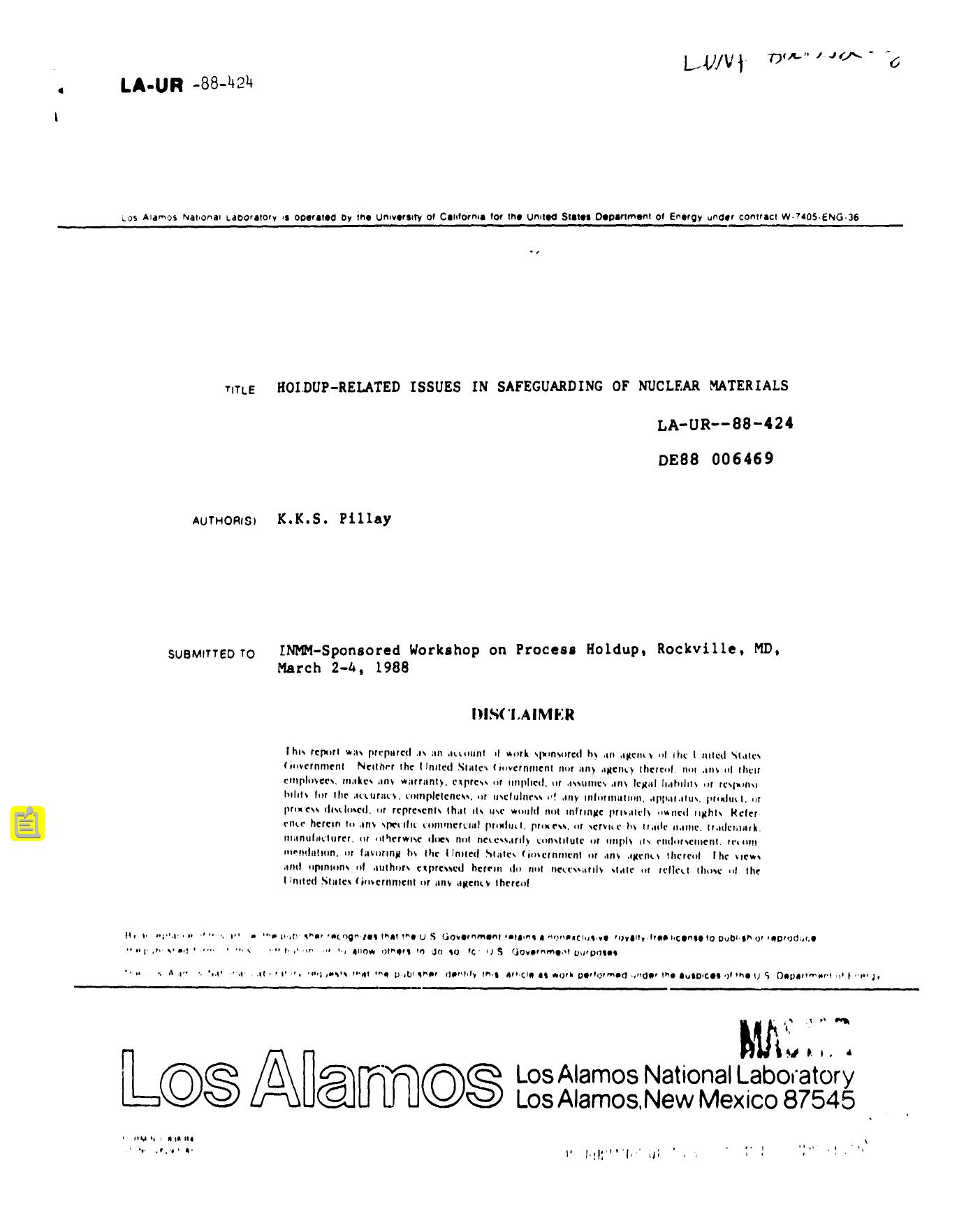 Holdup-related issues in safeguarding of nuclear materials None by LANL Research Library LWW Project