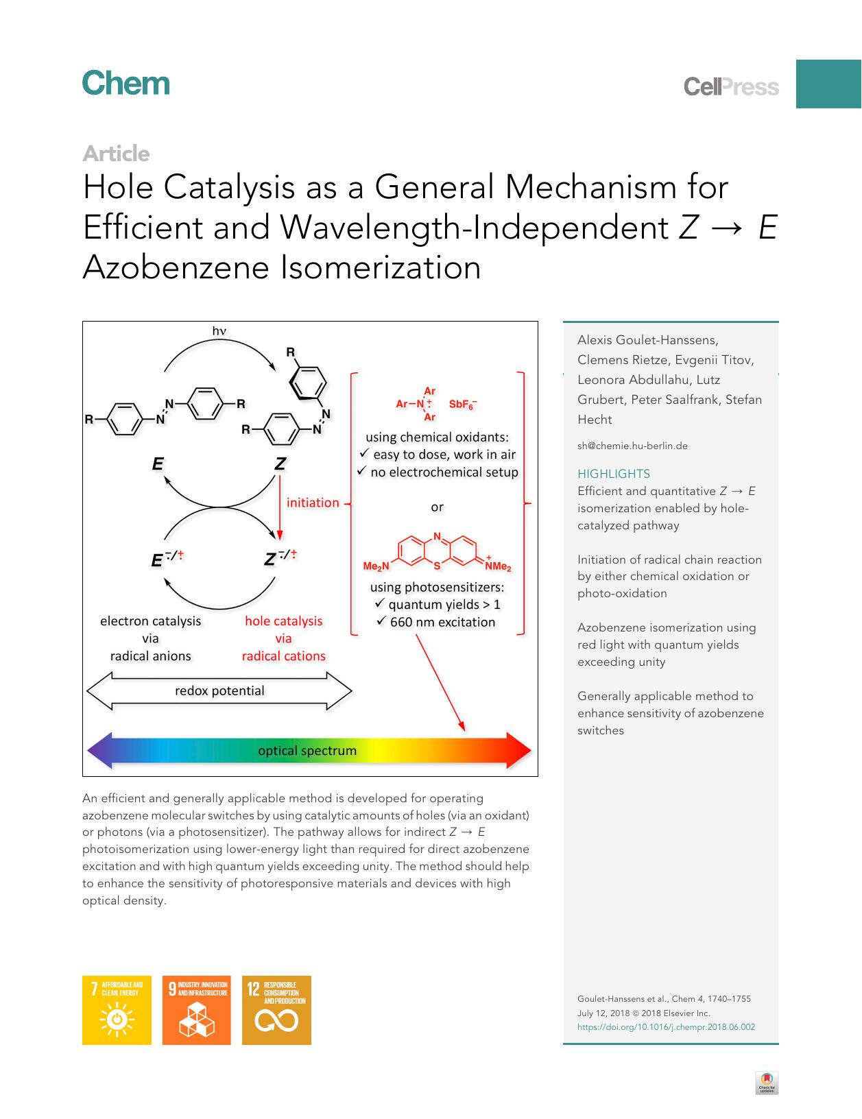 Hole Catalysis as a General Mechanism for Efficient and Wavelength-Independent Z &rarr; E Azobenzene Isomerization by unknow