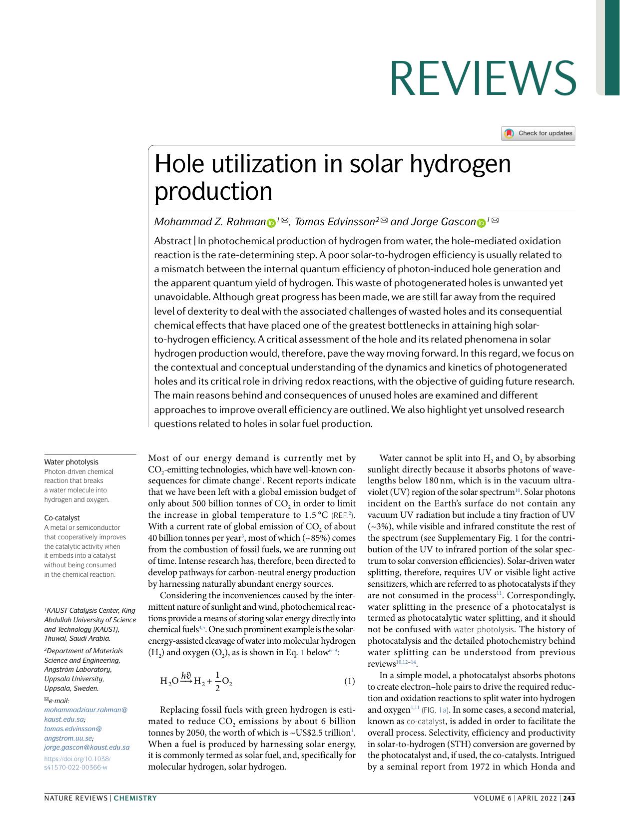 Hole utilization in solar hydrogen production by Mohammad Z. Rahman & Tomas Edvinsson & Jorge Gascon