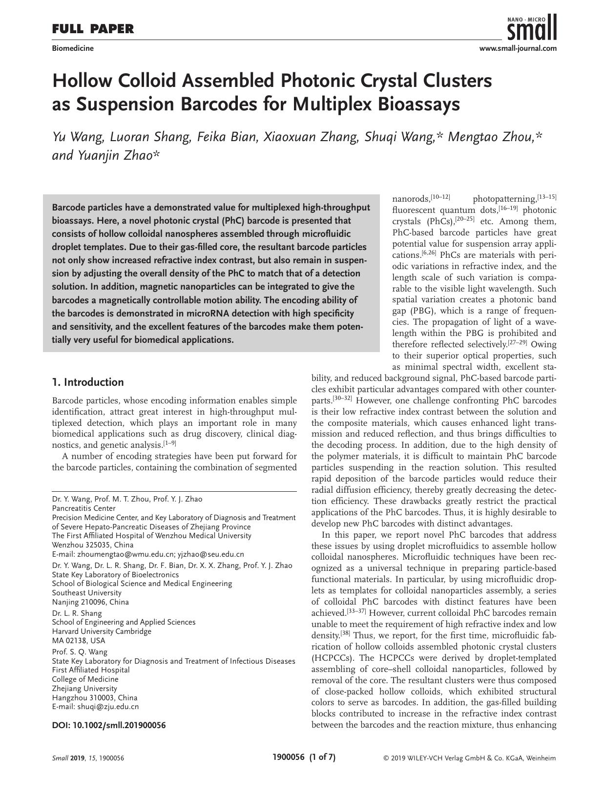 Hollow Colloid Assembled Photonic Crystal Clusters as Suspension Barcodes for Multiplex Bioassays by Unknown