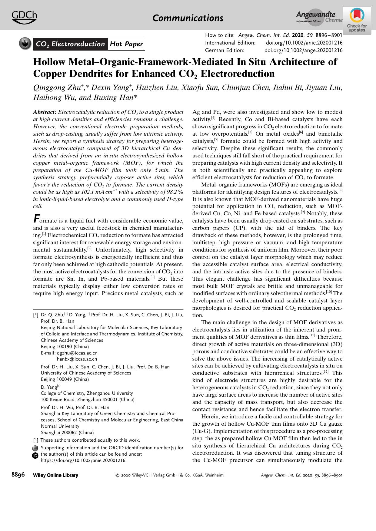 Hollow MetalâOrganicâFrameworkâMediated InâSitu Architecture of Copper Dendrites for Enhanced CO2 Electroreduction by Unknown