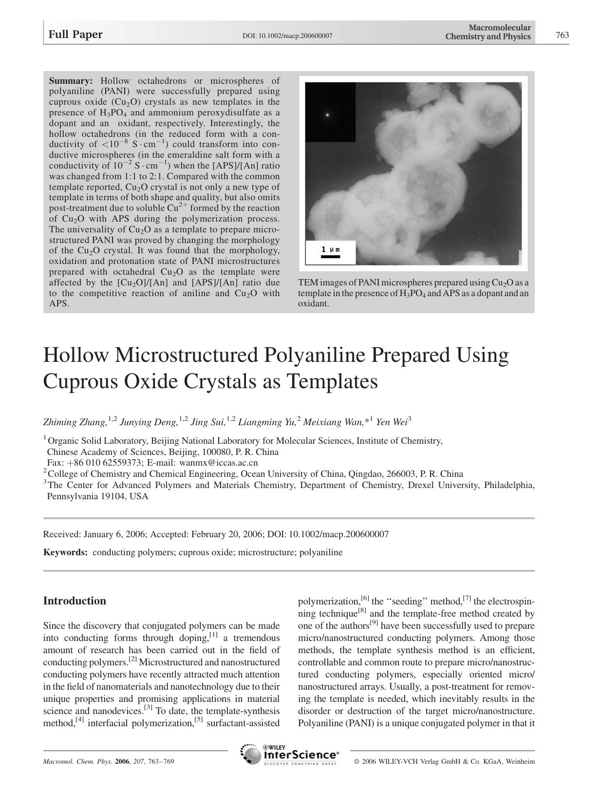 Hollow Microstructured Polyaniline Prepared Using Cuprous Oxide Crystals as Templates by Unknown