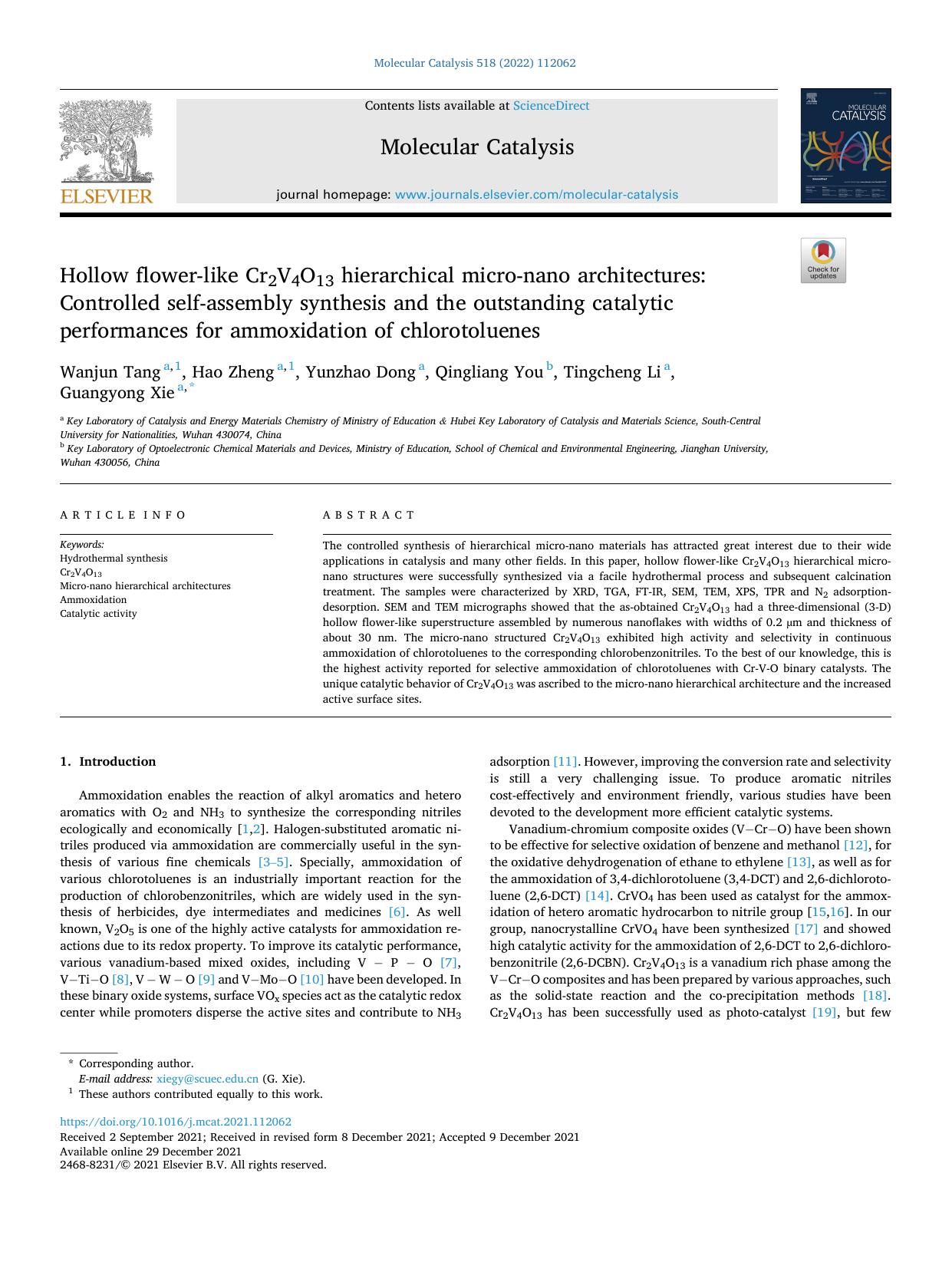 Hollow flower-like Cr2V4O13 hierarchical micro-nano architectures: Controlled self-assembly synthesis and the outstanding catalytic performances for ammoxidation of chlorotoluenes by Wanjun Tang & Hao Zheng & Yunzhao Dong & Qingliang You & Tingcheng Li & Guangyong Xie