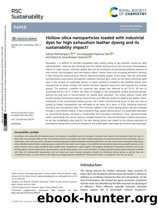 Hollow silica nanoparticles loaded with industrial dyes for high exhaustion leather dyeing and its sustainability impact by Sathya Ramalingam & Jonnalagadda Raghava Rao & Kalarical Janardhanan Sreeram